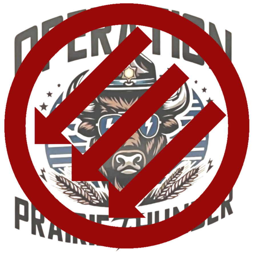 three left- and downward-facing diagonal arrows in the style of the Iron Front antifascist resistance movement of 1930s Germany, placed over the Operation: Prairie Thunder logo, which incorporates dual thunderbolts, which are well-known Nazi iconography